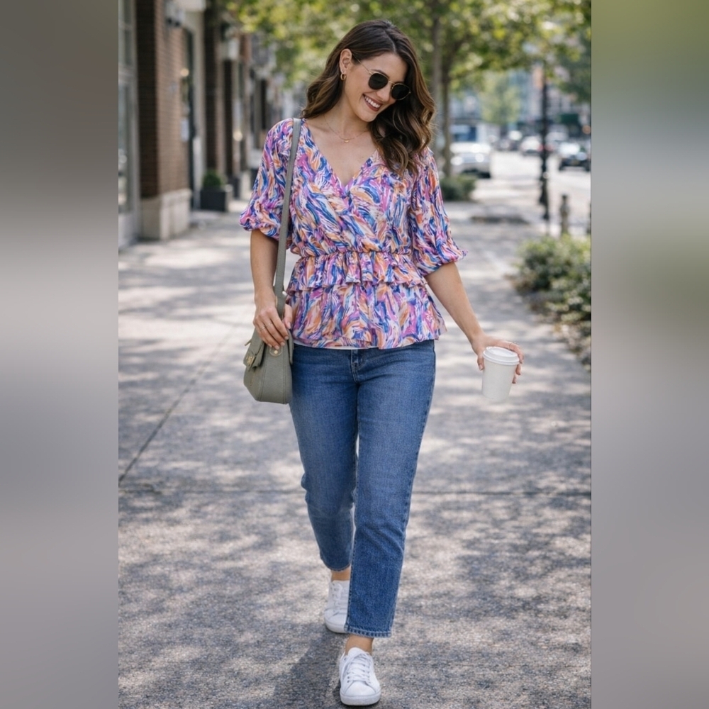 NWT AndTheWhy Colorful Abstract Print Blouse Size Large And XL